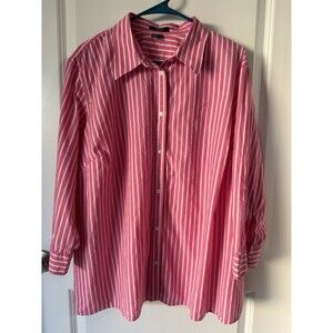 Chaps Pink Striped Button Up Shirt 3X XXXL Collared 3/4 Sleeve Top White Casual